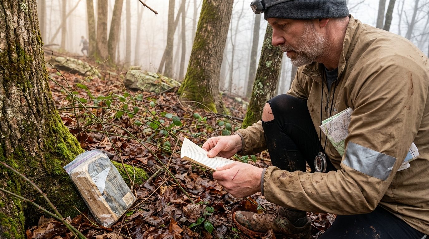 Coureur accroupi dans une forêt de feuillus en fin d'hiver, une page arrachée à la main, près d'un livre glissé dans un sachet plastique au pied d'un arbre, carte et boussole sur la poitrine