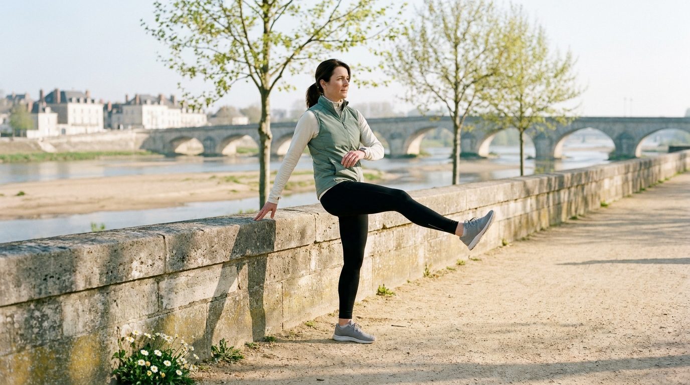 Une femme en gilet vert sauge et collant noir fait des balanciers de jambe, une main posée sur le muret en pierre claire des bords de Loire à Tours, un matin de printemps, avec le vieux pont de pierre et les bancs de sable du fleuve en arrière-plan