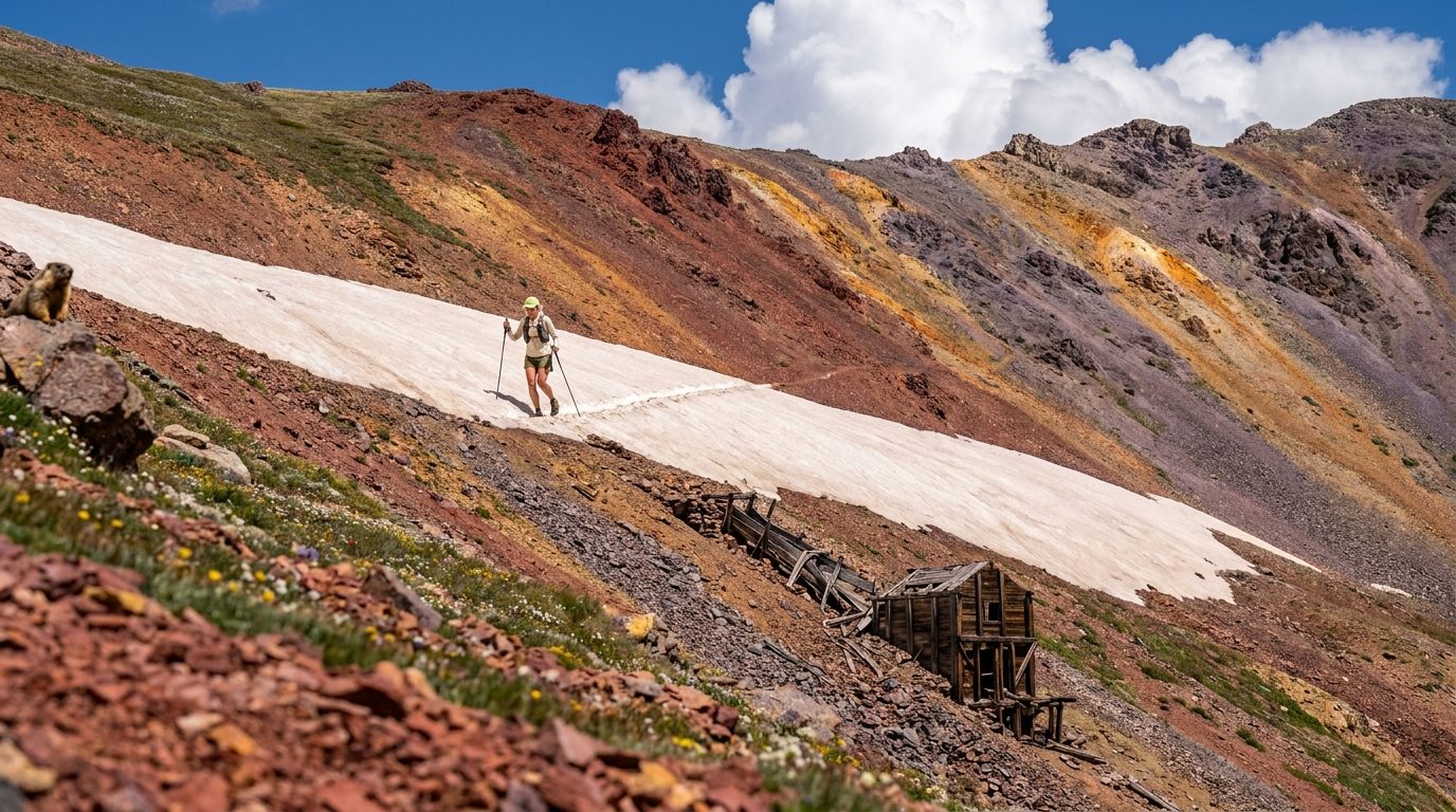 Traileuse avec bâtons traversant un névé sur une pente d'éboulis rouges et ocre en haute montagne du Colorado, au-dessus des ruines en bois d'une ancienne mine