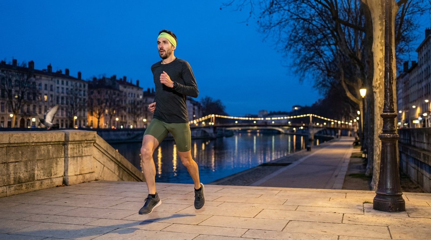 Un coureur barbu au bandeau vert lime court sur les quais de Saône à Lyon à la tombée de la nuit, une passerelle illuminée en arrière-plan et un pigeon qui s'envole à gauche