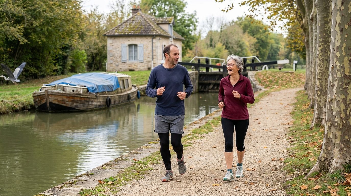 Un homme et une femme en footing lent côte à côte sur le chemin de halage d'un canal en automne, en pleine conversation, devant une maison éclusière