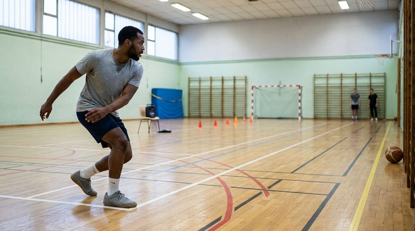 Un jeune homme en tee-shirt gris et short marine pose le pied derrière la ligne blanche pour faire demi-tour pendant un test navette, dans un gymnase municipal au parquet couvert de lignes de terrain, avec espaliers, plots orange et but de handball au fond