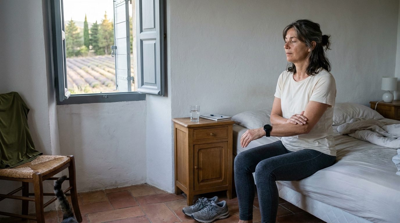 Une coureuse aux cheveux gris attachés, assise au bord du lit au réveil, yeux mi-clos, la main sur l'avant-bras qui porte sa montre, dans une chambre de mas provençal aux volets ouverts sur des rangs de lavande